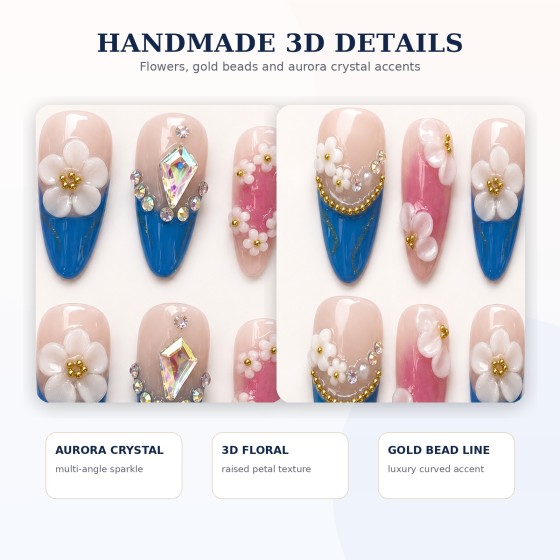 Luxury 3D White Flower Press‑On Nails, Royal Blue French Tips with Aurora Rhinestones & Gold Beads, Medium‑Long Almond False Nails